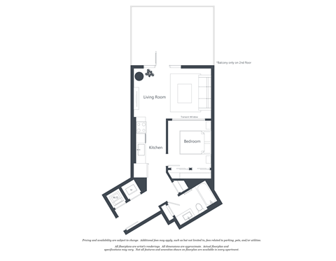 A black and white floor plan of a small apartment.
