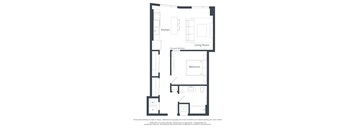 A floor plan of a house with a kitchen, living room, and bedroom.