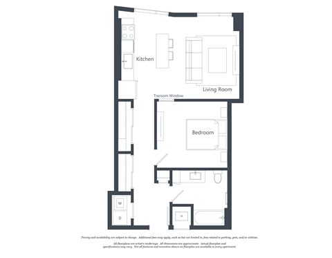 A floor plan of a house with a kitchen, living room, and bedroom.