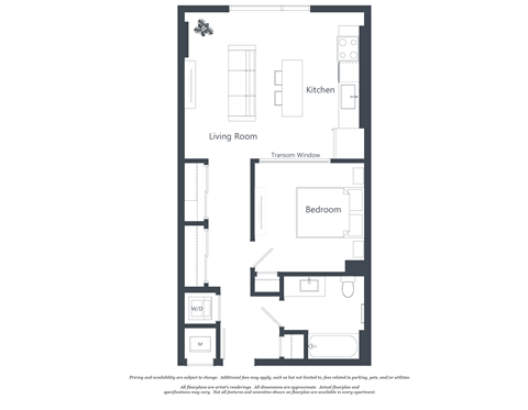 A floor plan of a small apartment with a living room, kitchen, and bedroom.