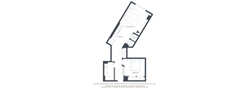 A floor plan of a small apartment with a living room, kitchen, and bedroom.