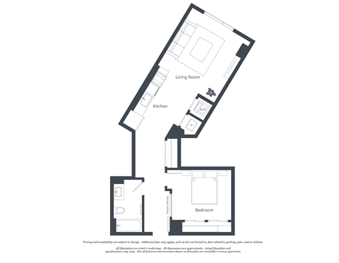A floor plan of a small apartment with a living room, kitchen, and bedroom.
