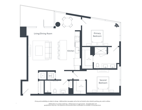 A black and white floor plan of a house with a living/dining room, kitchen, two bedrooms, and a bathroom.