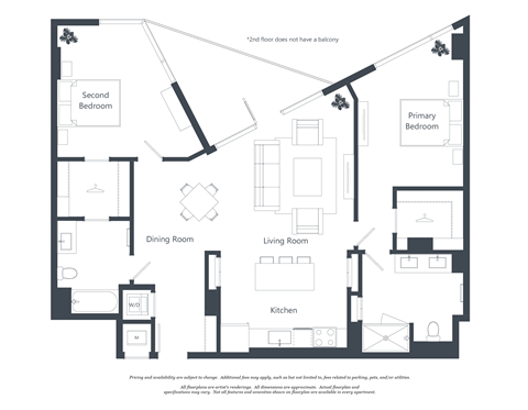 A black and white floor plan of a house with a second bedroom and a dining room.