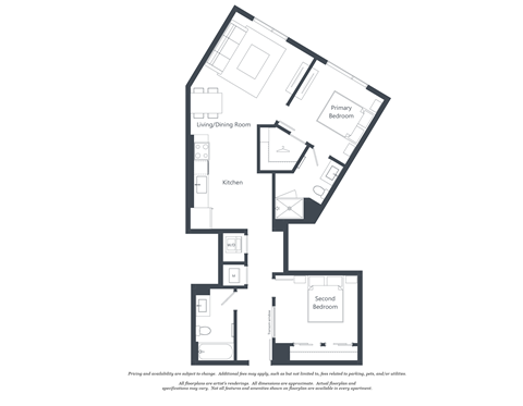 A floor plan of a house with a living/dining room, kitchen, and two bedrooms.