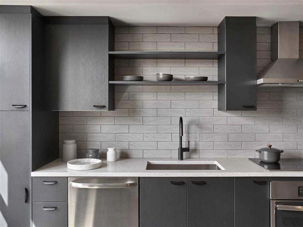 a small kitchen with black cabinets and a sink