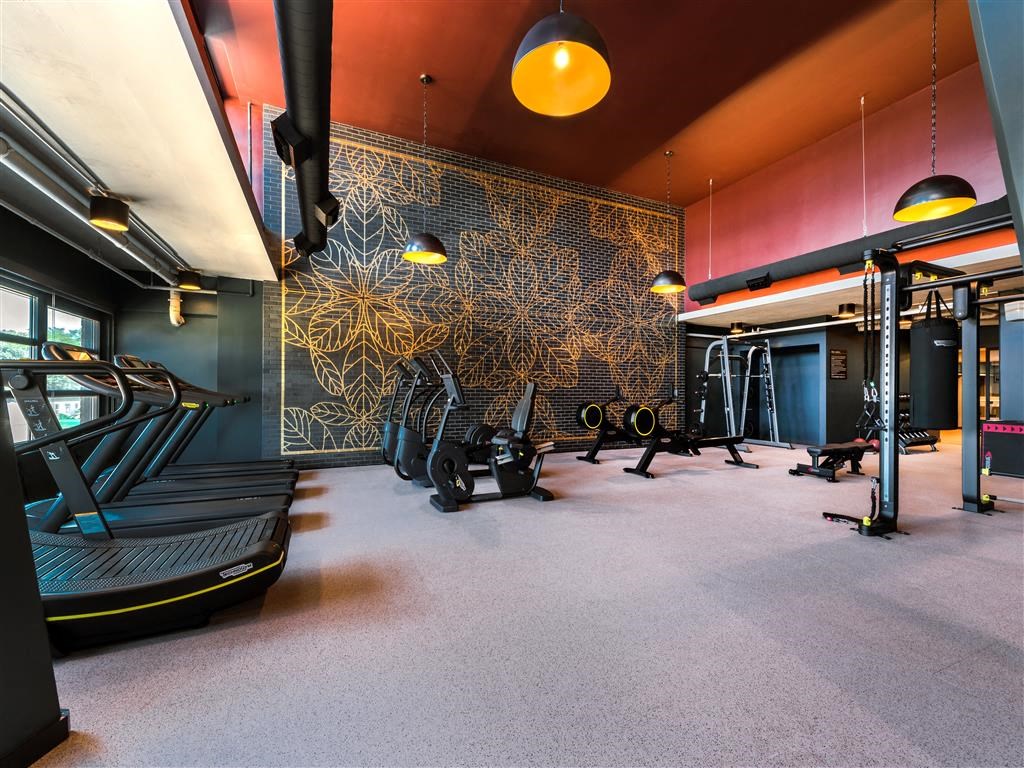 a home gym with a mural on the wall
