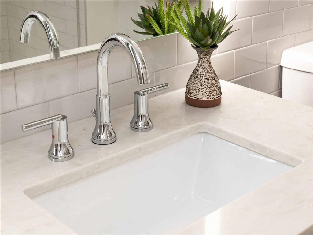 a bathroom sink with a vase with a plant on it