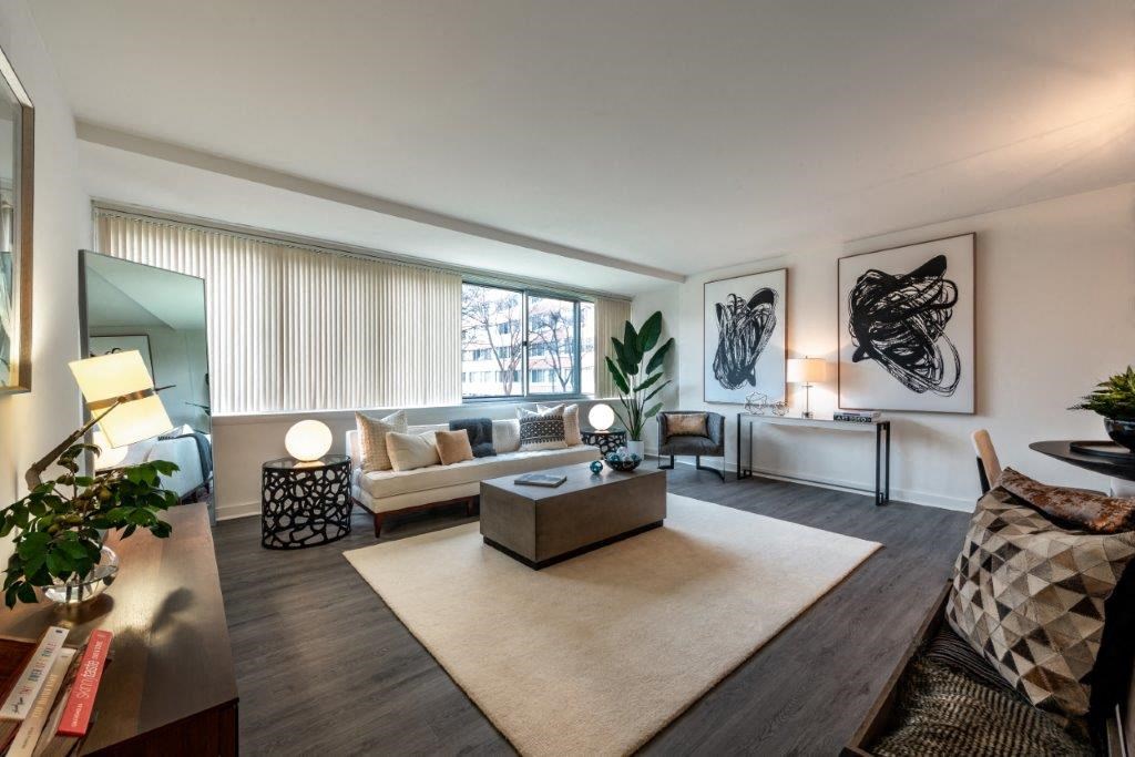 a living room with a couch and a table