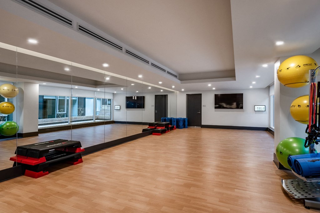 a workout room with a wooden floor and a mirrored wall with spheres and other equipment