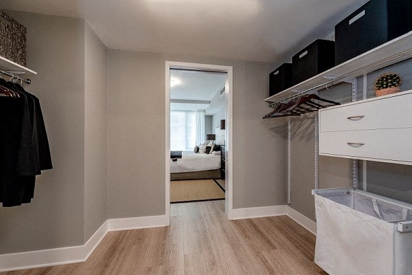 a closet with a dresser and a mirror