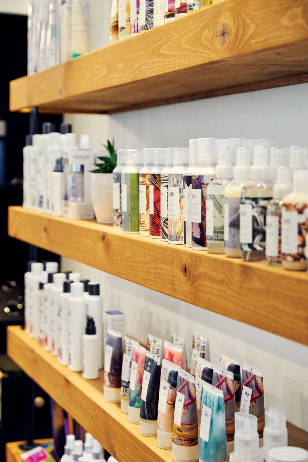 a variety of hair products on shelves in a store