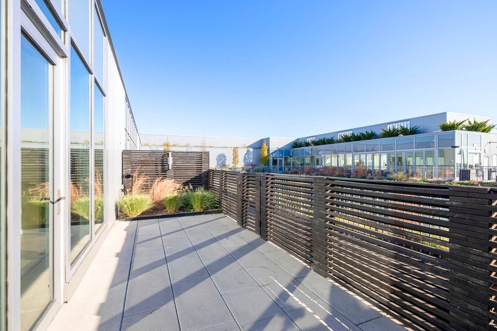 a terrace with wooden fence and glass windows