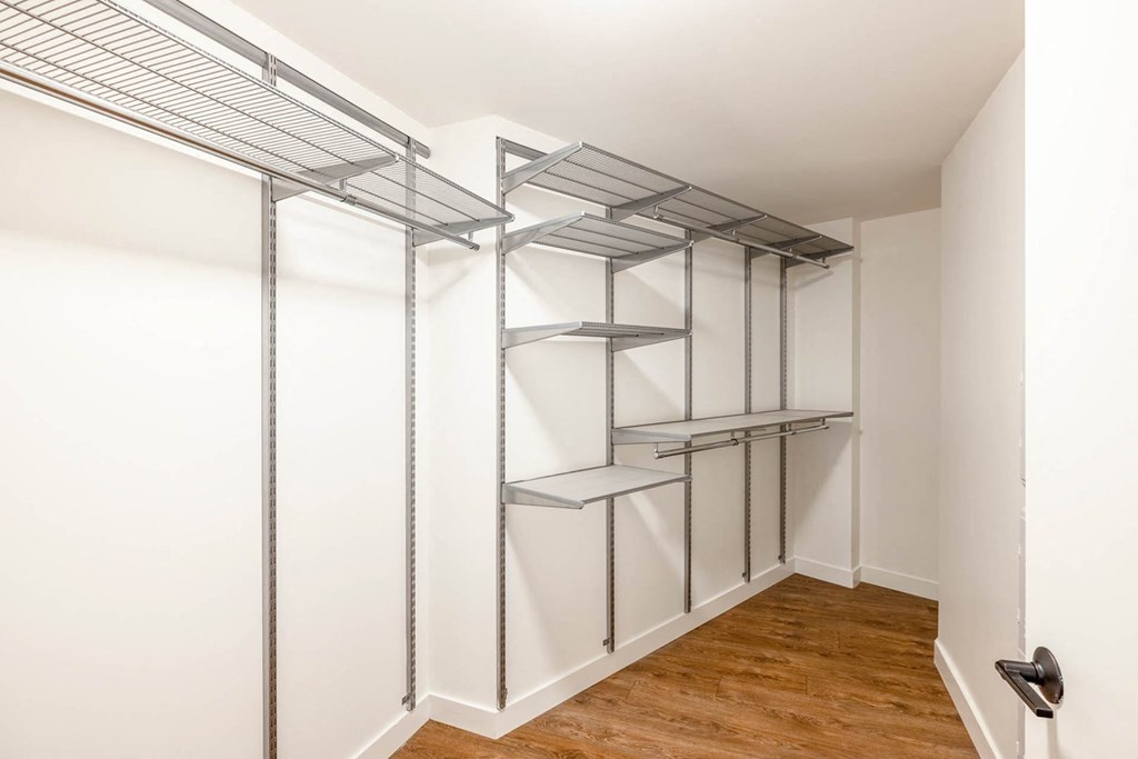 a room with a closet with shelves and a door
