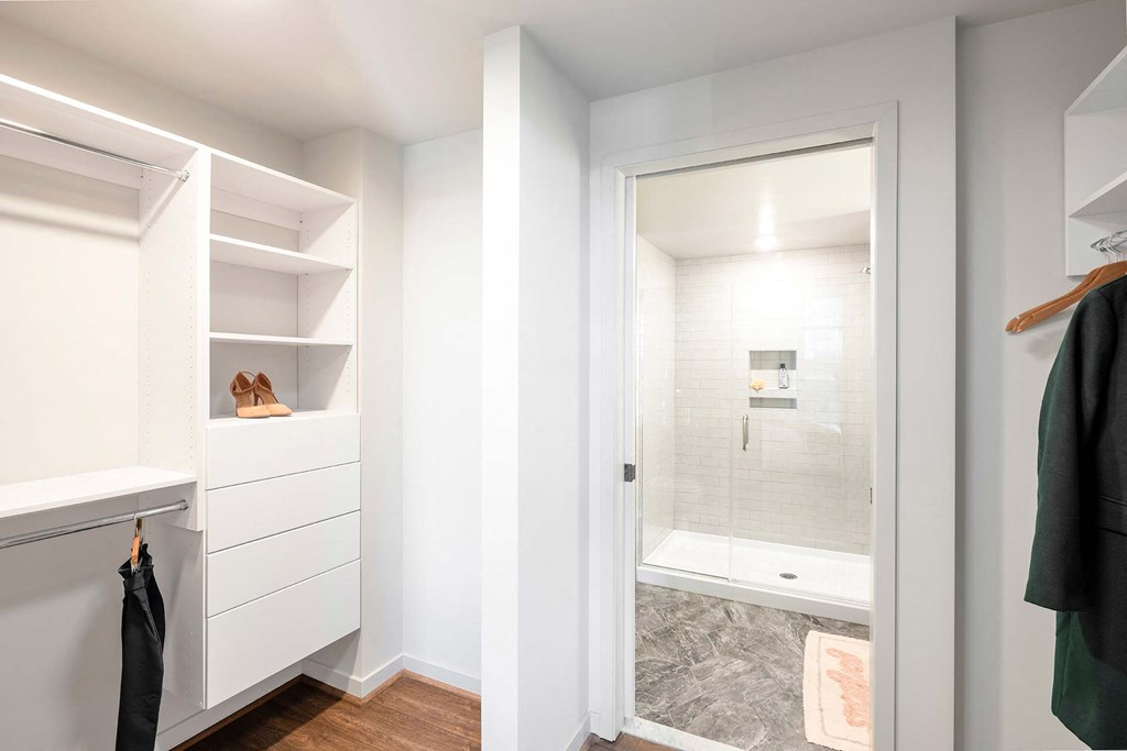 a bathroom with a shower and a closet