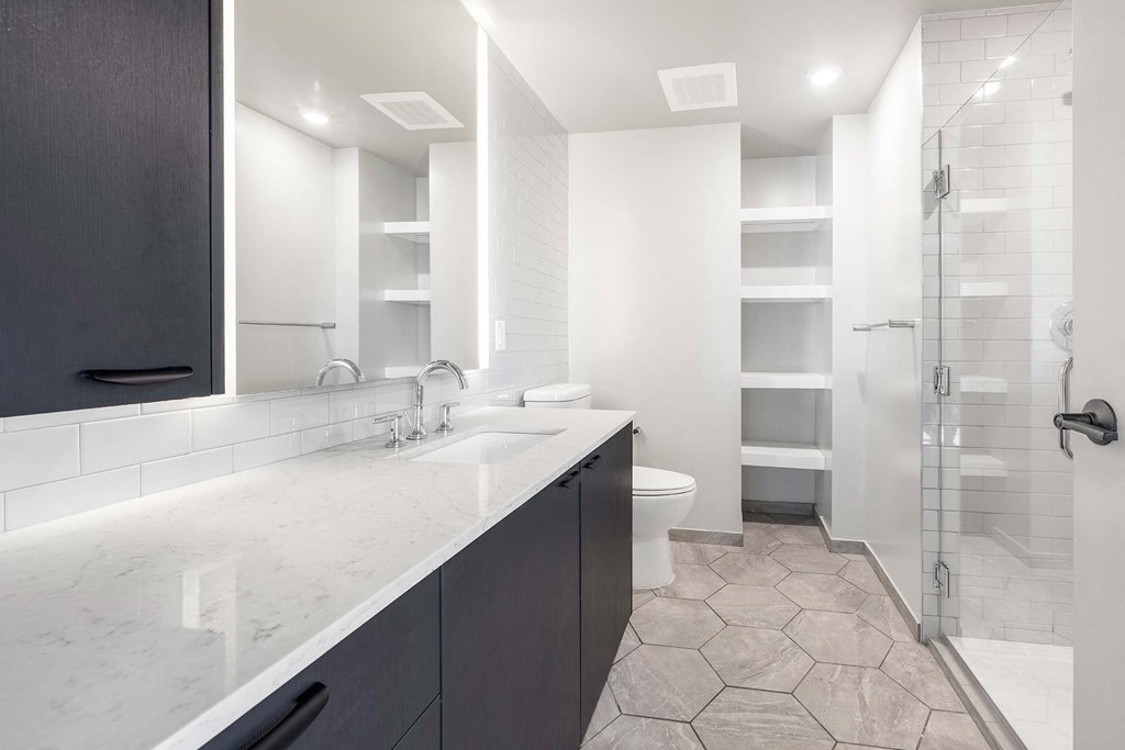 a bathroom with a sink and a toilet and a shower