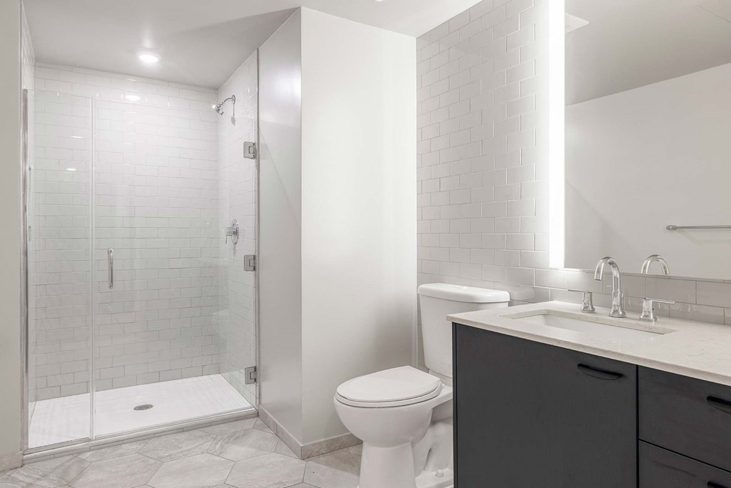 a bathroom with a shower and a toilet and a sink