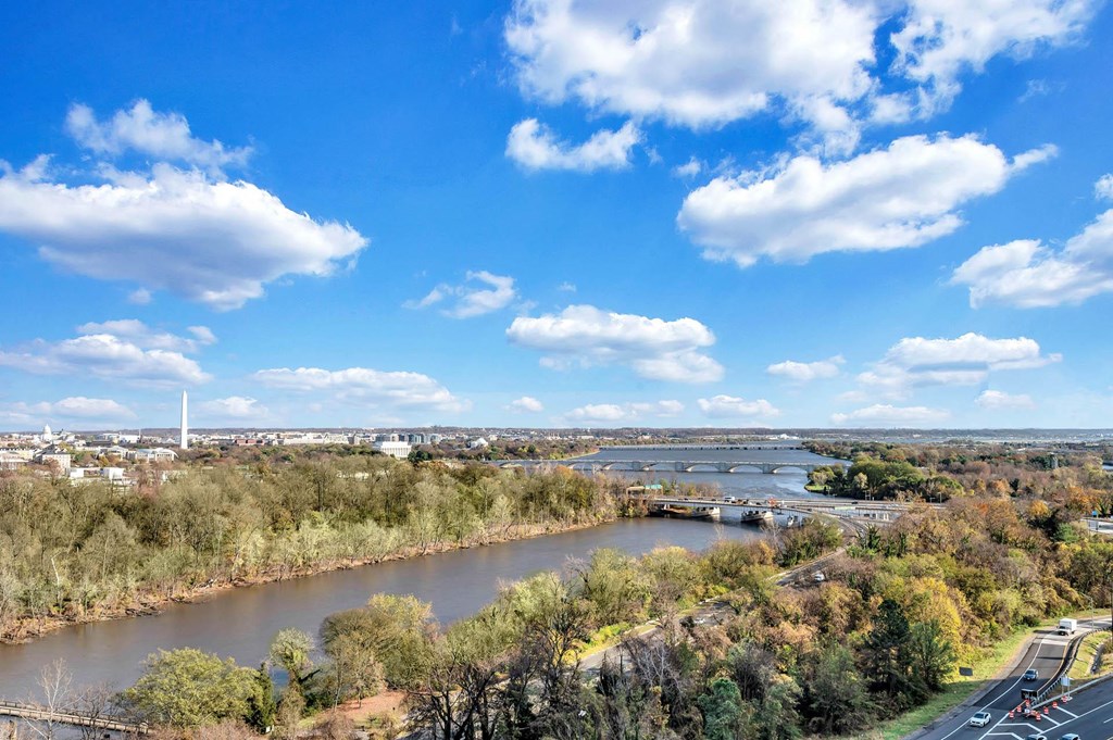 a view of the river and the city from above