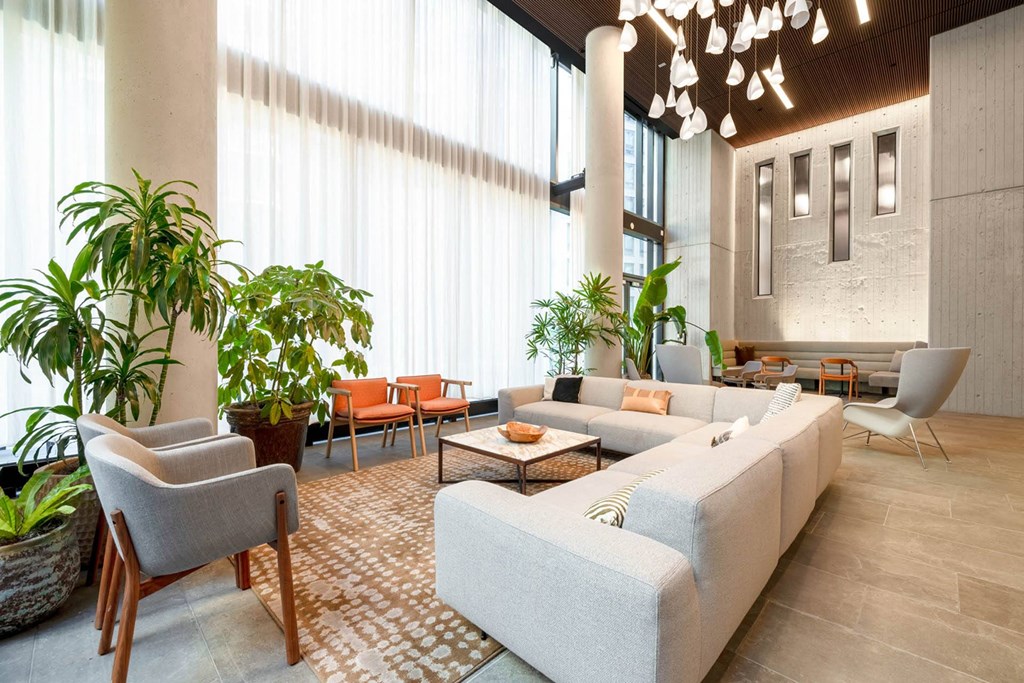a living room filled with furniture and potted plants