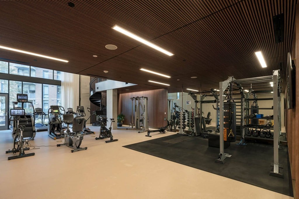 a gym with weights and cardio equipment and a large window