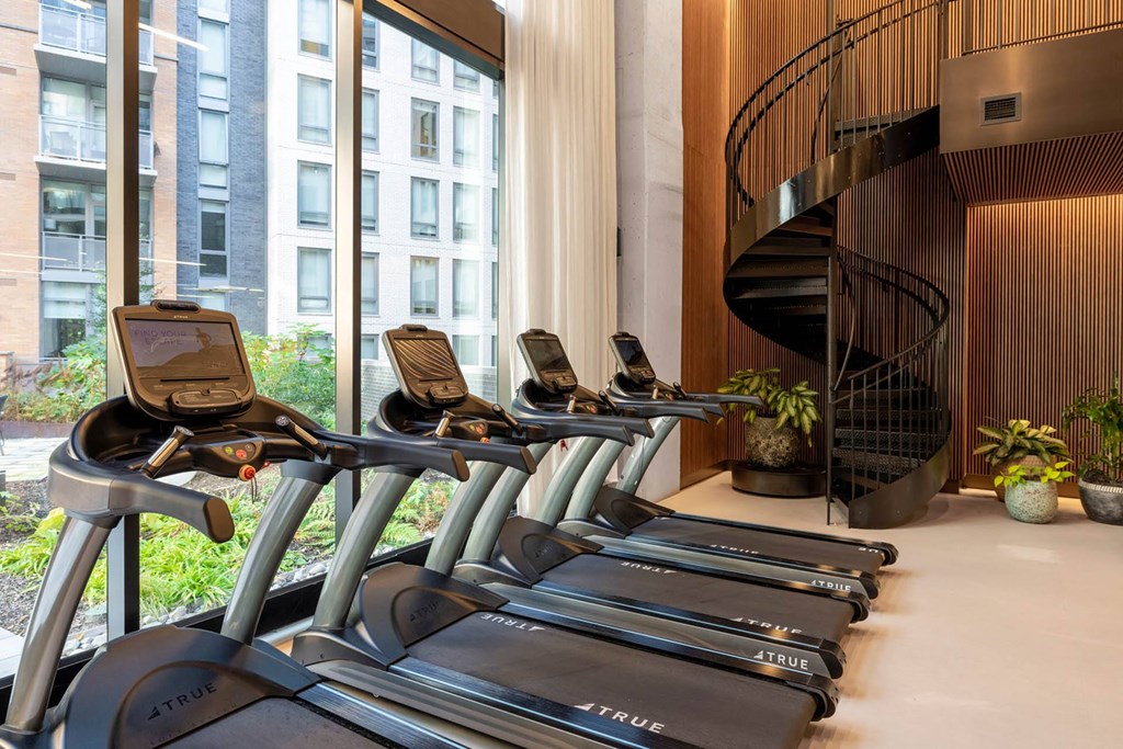 a row of cardio machines in a gym with a spiral staircase