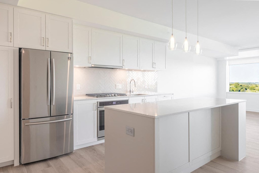 a white kitchen with stainless steel appliances and white cabinets