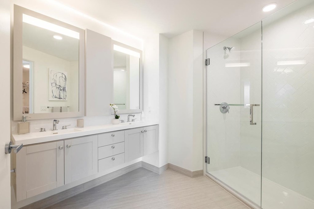 a bathroom with a sink and a shower