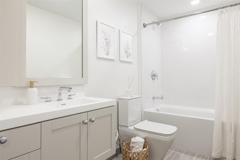 a bathroom with a sink and a toilet and a shower