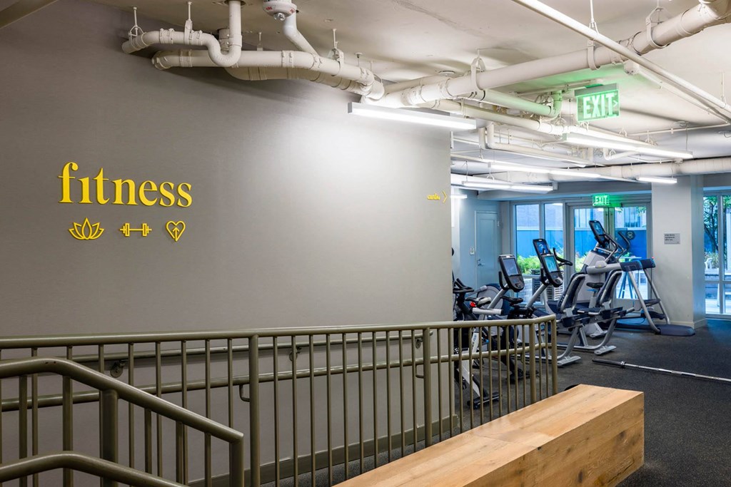 a fitness room with cardio machines and a wooden bench