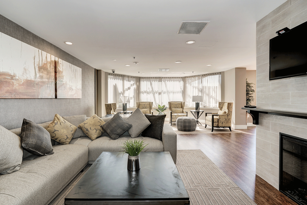 a living room with a couch and a coffee table