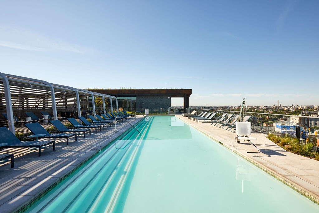 the pool at the top of the hotel with a view of the city