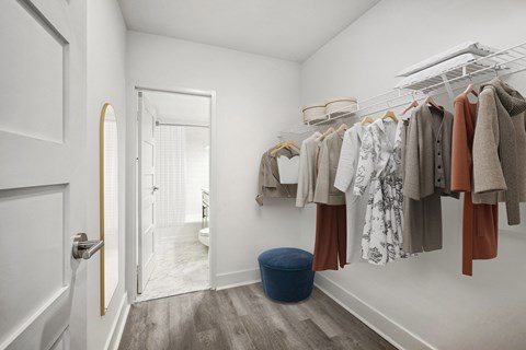 a walk in closet with a door to the bathroom and a closet rack with clothes
