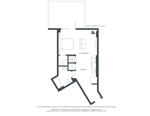 A floor plan of a house with a living area, kitchen, and bathroom.