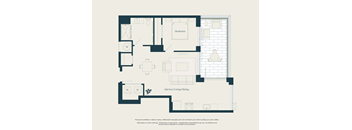 A floor plan of a house with labeled rooms such as Bedroom, Bathroom, and Dining/Kitchen.