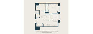 A floor plan of a house with a kitchen, dining area, and bedroom.