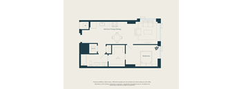 A floor plan of a kitchen/living/dining area with a separate bedroom and bathroom.