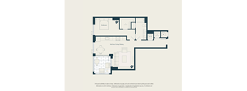 A floor plan of a house with labeled rooms such as Bedroom, Kitchen/Living/Dining, and Bathroom.