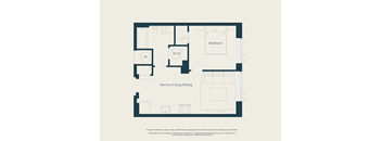 A floor plan of a house with a kitchen, dining area, and two bedrooms.