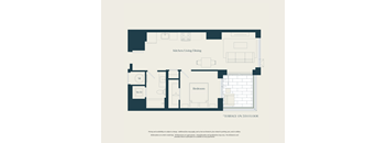 A floor plan of a house with a kitchen, dining area, and bedrooms.