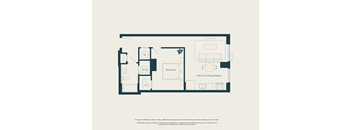 A floor plan of a house with a kitchen, dining area, and bathroom.
