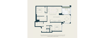 A floor plan of a house with a kitchen, dining room, and two bedrooms.