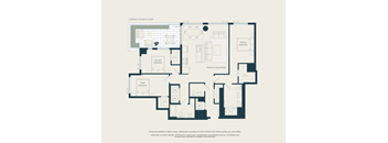 A floor plan of a home with a living room, dining room, kitchen, and two bedrooms.