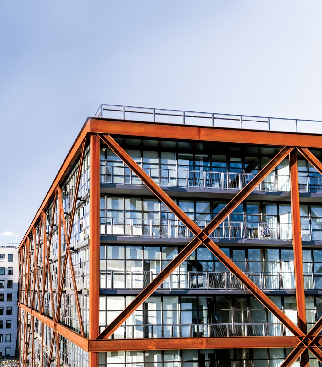 close up of the east facade of the cube building