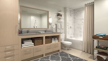 a bathroom with a shower and a sink and a mirror