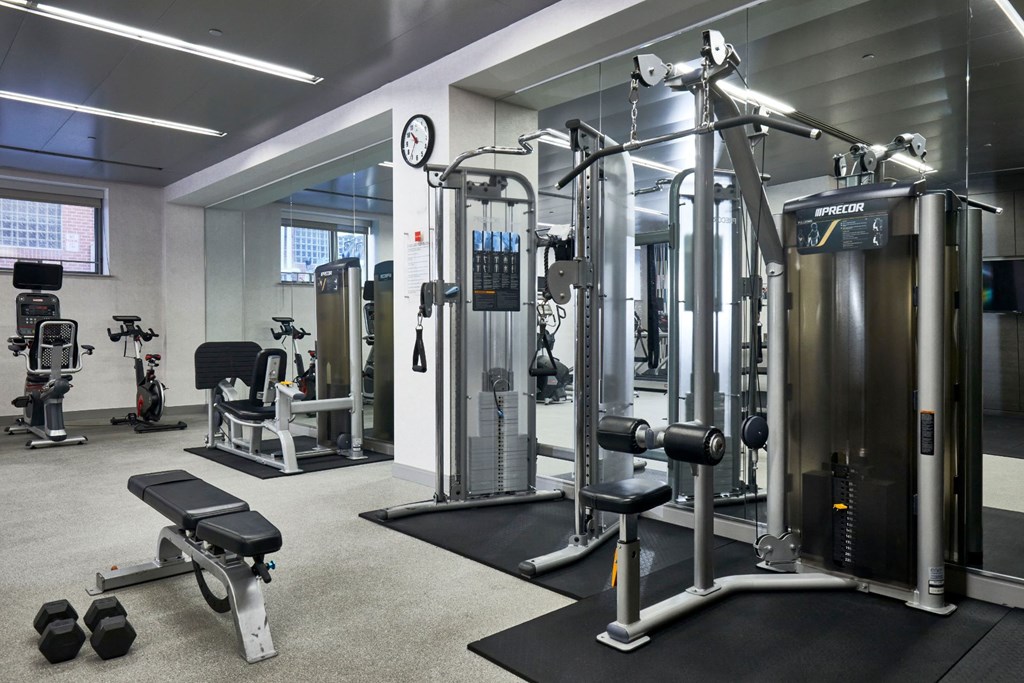 a state of the art fitness room with weights and other gym equipment