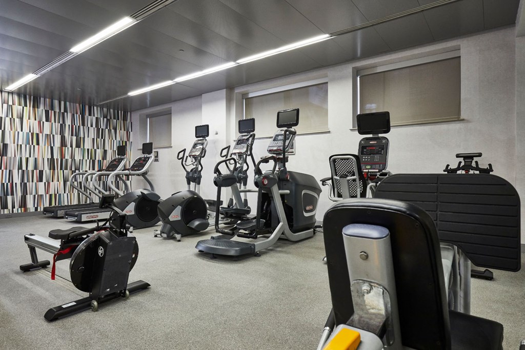 a gym with various cardio equipment and exercise machines