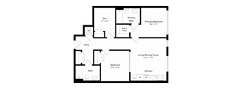 A black and white image of a floor plan for a home with a den, primary bedroom, living/dining room, kitchen, and two bathrooms.