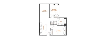 a floor plan of a 1 bedroom floor plan with a bathroom and a living room