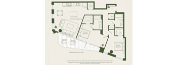A floor plan of a house with a kitchen, living room, dining room, and two bedrooms.