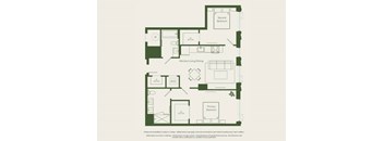 A floor plan of a house with a kitchen, living room, dining room, and two bedrooms.